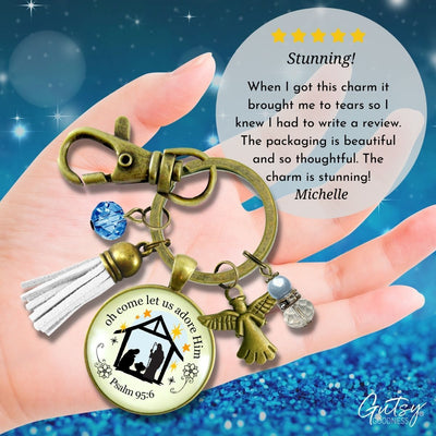 Jesus Nativity Christmas Pendant O Come Let Us Adore Him Holiday Keychain Handmade  Faith Religious Jewelry Tassel Key Ring