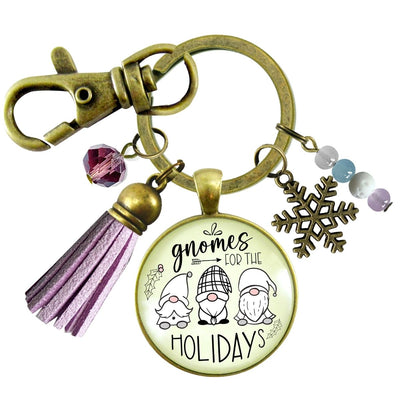 Christmas Gnome For The Holidays Gift Keychain Festive Pastel Glass Pendant Beads Jewelry Snowflake Charm Purple Tassel   - Gutsy Goodness Handmade Jewelry