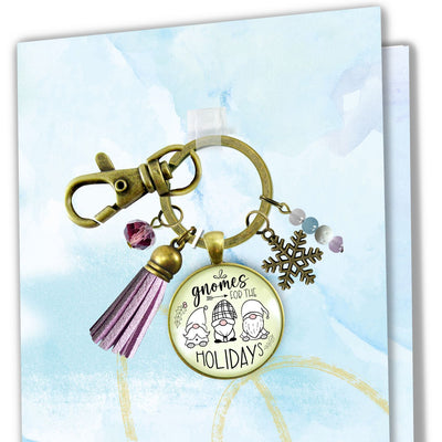 Christmas Gnome For The Holidays Gift Keychain Festive Pastel Glass Pendant Beads Jewelry Snowflake Charm Purple Tassel