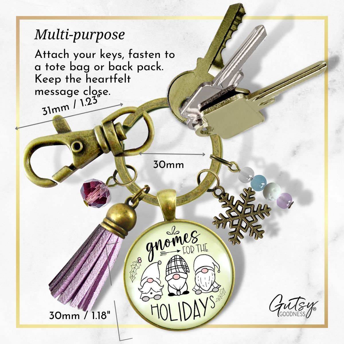 Christmas Gnome For The Holidays Gift Keychain Festive Pastel Glass Pendant Beads Jewelry Snowflake Charm Purple Tassel   - Gutsy Goodness Handmade Jewelry