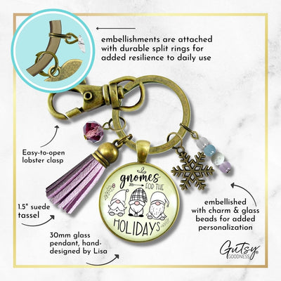 Christmas Gnome For The Holidays Gift Keychain Festive Pastel Glass Pendant Beads Jewelry Snowflake Charm Purple Tassel   - Gutsy Goodness Handmade Jewelry