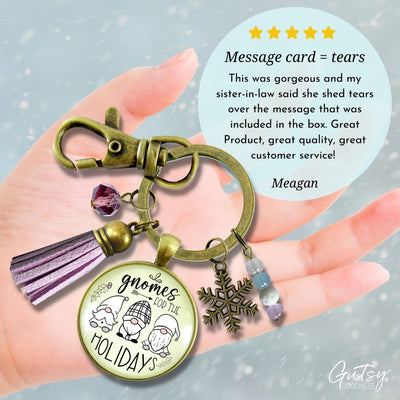 Christmas Gnome For The Holidays Gift Keychain Festive Pastel Glass Pendant Beads Jewelry Snowflake Charm Purple Tassel   - Gutsy Goodness Handmade Jewelry