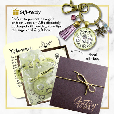 Christmas Gnome For The Holidays Gift Keychain Festive Pastel Glass Pendant Beads Jewelry Snowflake Charm Purple Tassel   - Gutsy Goodness Handmade Jewelry