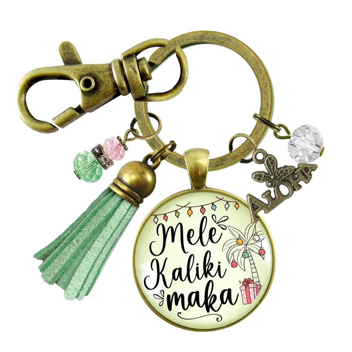 Mele Kalikimaka Christmas Hawaiian Keychain Holiday Merry Christmas Pink Green Festive Jewelry Tassel Key Ring Gift   - Gutsy Goodness Handmade Jewelry