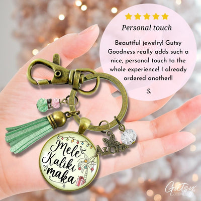 Mele Kalikimaka Christmas Hawaiian Keychain Holiday Merry Christmas Pink Green Festive Jewelry Tassel Key Ring Gift