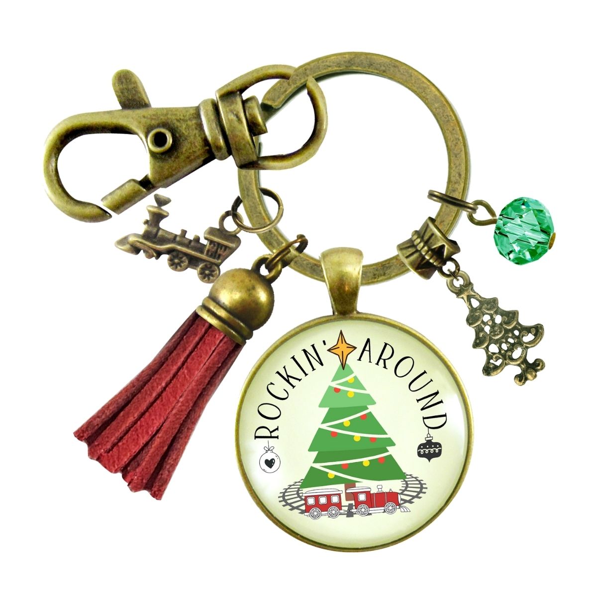 Christmas Train Holiday Tree Keychain Rocking Around Festive  Handmade Seasonal Gift Jewelry Red Tassel   - Gutsy Goodness Handmade Jewelry
