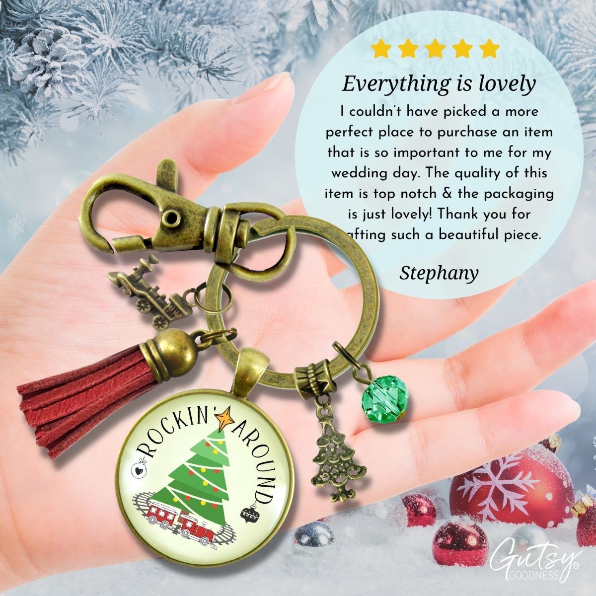 Christmas Train Holiday Tree Keychain Rocking Around Festive  Handmade Seasonal Gift Jewelry Red Tassel