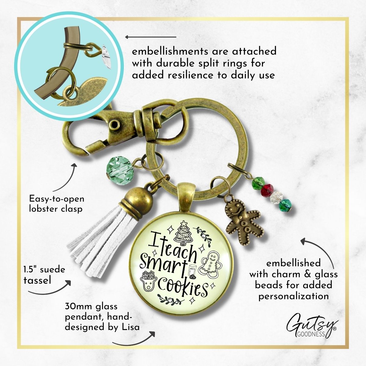 Happy Holidays Teacher Keychain I Teach Smart Cookies Gingerbread Charm Christmas Gift From Student Tassel Key Chain Jewelry   - Gutsy Goodness Handmade Jewelry