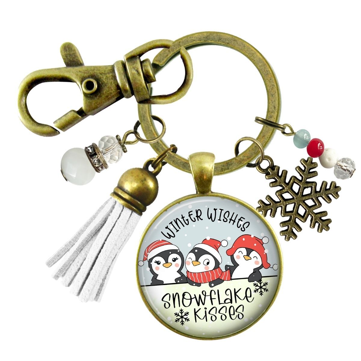 Christmas Penguin Stocking Stuffer Key Chain Jewelry Winter Wishes Snowflake Kisses Charm Handmade Keychain Tassel Gift