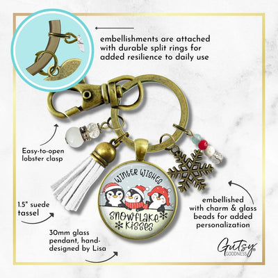 Christmas Penguin Stocking Stuffer Key Chain Jewelry Winter Wishes Snowflake Kisses Charm Handmade Keychain Tassel Gift   - Gutsy Goodness Handmade Jewelry