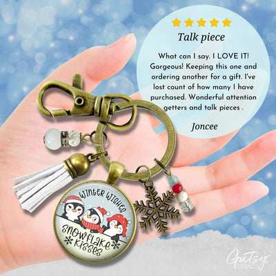 Christmas Penguin Stocking Stuffer Key Chain Jewelry Winter Wishes Snowflake Kisses Charm Handmade Keychain Tassel Gift