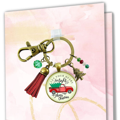 Red Truck Christmas Tree Keychain Handmade Holiday Let Your Heart Be Light Charm Gift Pendant Tassel Key Ring Jewelry