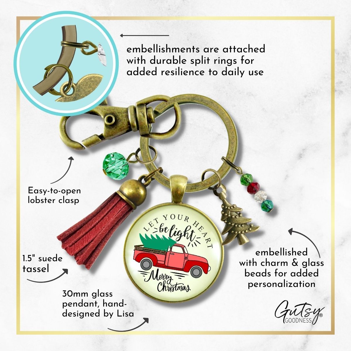 Red Truck Christmas Tree Keychain Handmade Holiday Let Your Heart Be Light Charm Gift Pendant Tassel Key Ring Jewelry