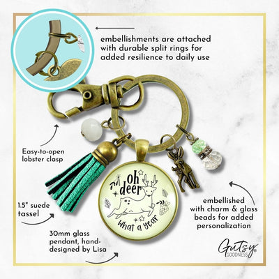 Deer Charm Keychain Oh Deer What a Year Message Jewelry Handmade Tassel Pendant Holiday New Year's Key Ring Gift