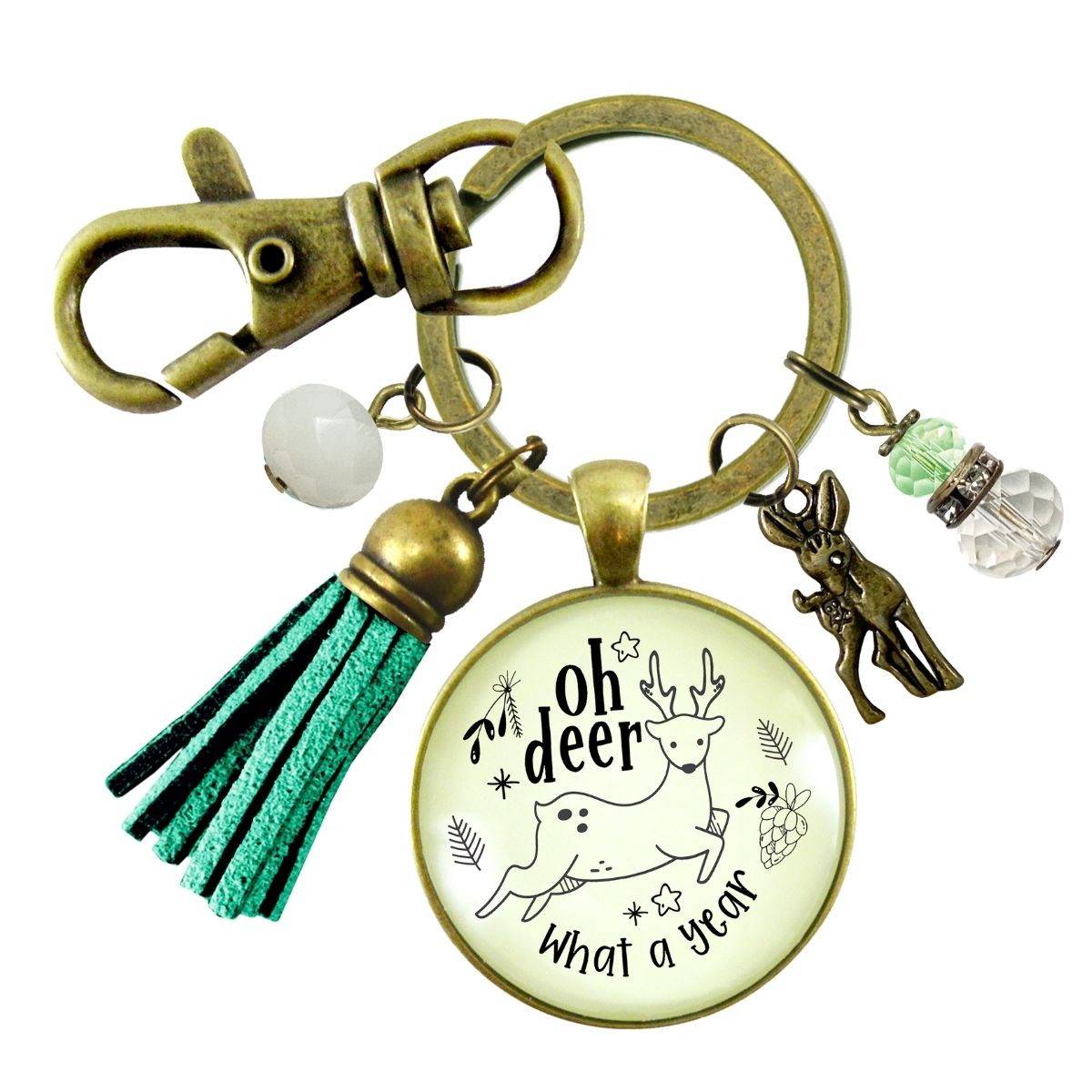 Deer Charm Keychain Oh Deer What a Year Message Jewelry Handmade Tassel Pendant Holiday New Year's Key Ring Gift   - Gutsy Goodness Handmade Jewelry