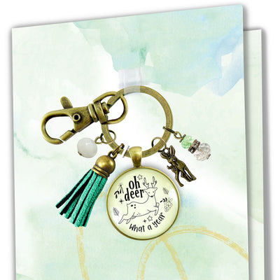 Deer Charm Keychain Oh Deer What a Year Message Jewelry Handmade Tassel Pendant Holiday New Year's Key Ring Gift