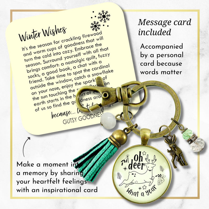 Deer Charm Keychain Oh Deer What a Year Message Jewelry Handmade Tassel Pendant Holiday New Year's Key Ring Gift   - Gutsy Goodness Handmade Jewelry