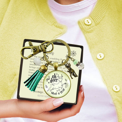 Deer Charm Keychain Oh Deer What a Year Message Jewelry Handmade Tassel Pendant Holiday New Year's Key Ring Gift   - Gutsy Goodness Handmade Jewelry