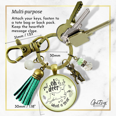 Deer Charm Keychain Oh Deer What a Year Message Jewelry Handmade Tassel Pendant Holiday New Year's Key Ring Gift   - Gutsy Goodness Handmade Jewelry