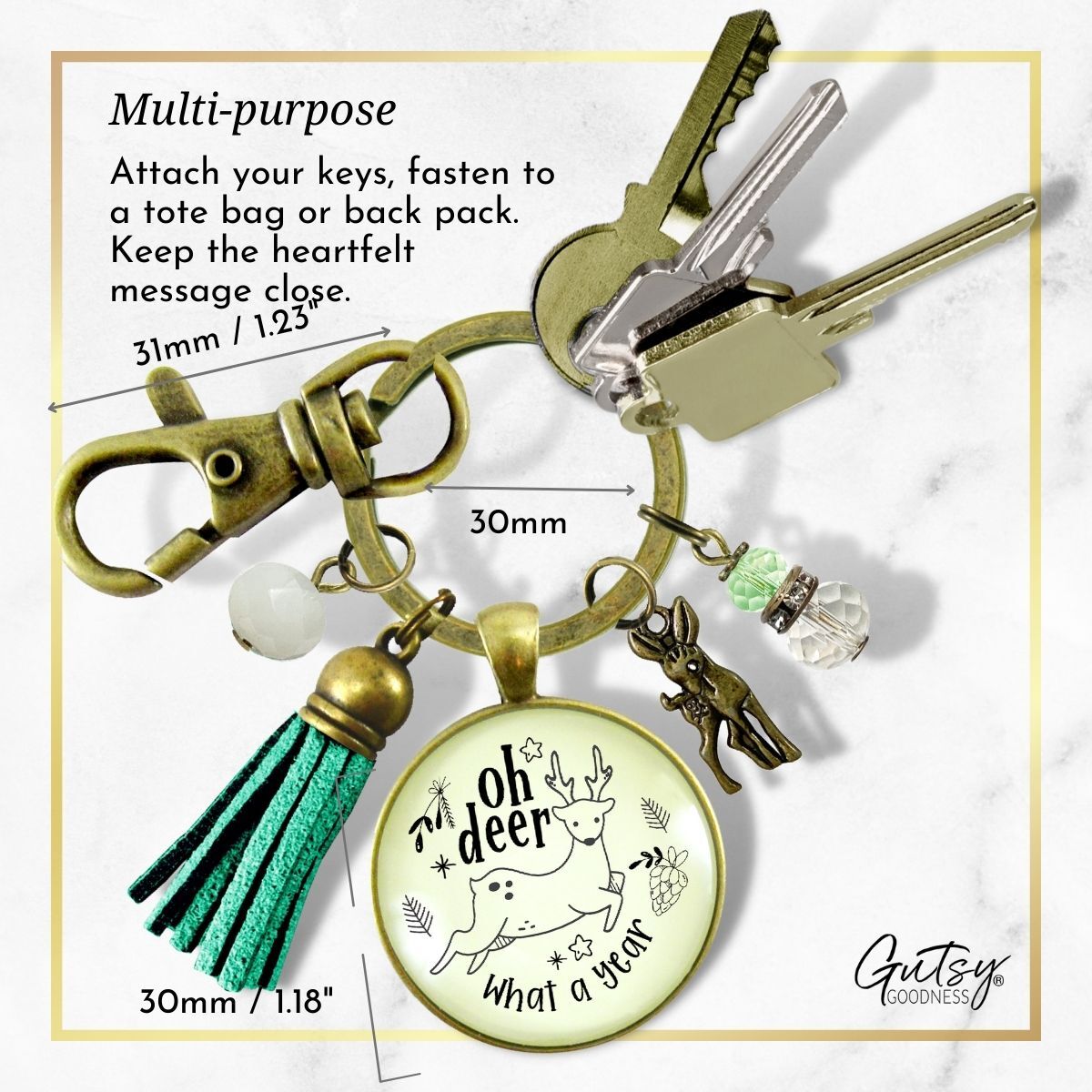 Deer Charm Keychain Oh Deer What a Year Message Jewelry Handmade Tassel Pendant Holiday New Year's Key Ring Gift