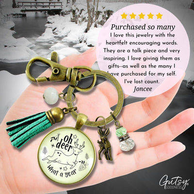 Deer Charm Keychain Oh Deer What a Year Message Jewelry Handmade Tassel Pendant Holiday New Year's Key Ring Gift