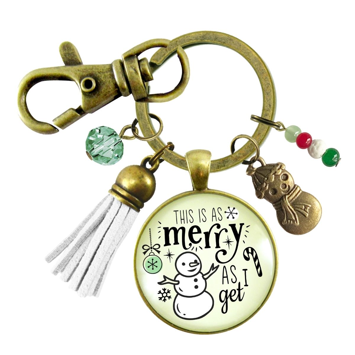 Christmas Snowman Keychain As Merry As I Get Funny Holiday Seasonal Jewelry Charm Beads Glass Pendant Tassel Key Chain   - Gutsy Goodness Handmade Jewelry