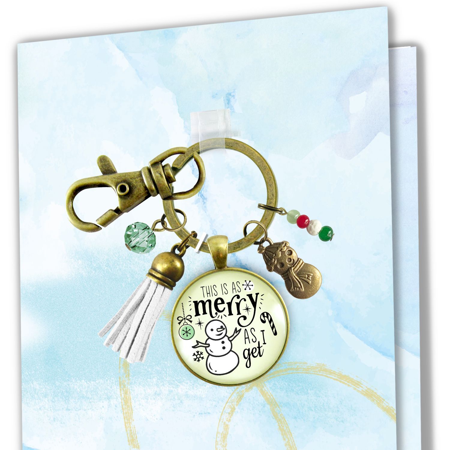 Christmas Snowman Keychain As Merry As I Get Funny Holiday Seasonal Jewelry Charm Beads Glass Pendant Tassel Key Chain