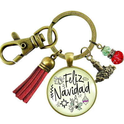 Feliz Navidad Keychain Merry Christmas Gift Jewelry For Her Candle Charm Red Green Beads Holiday Pendant