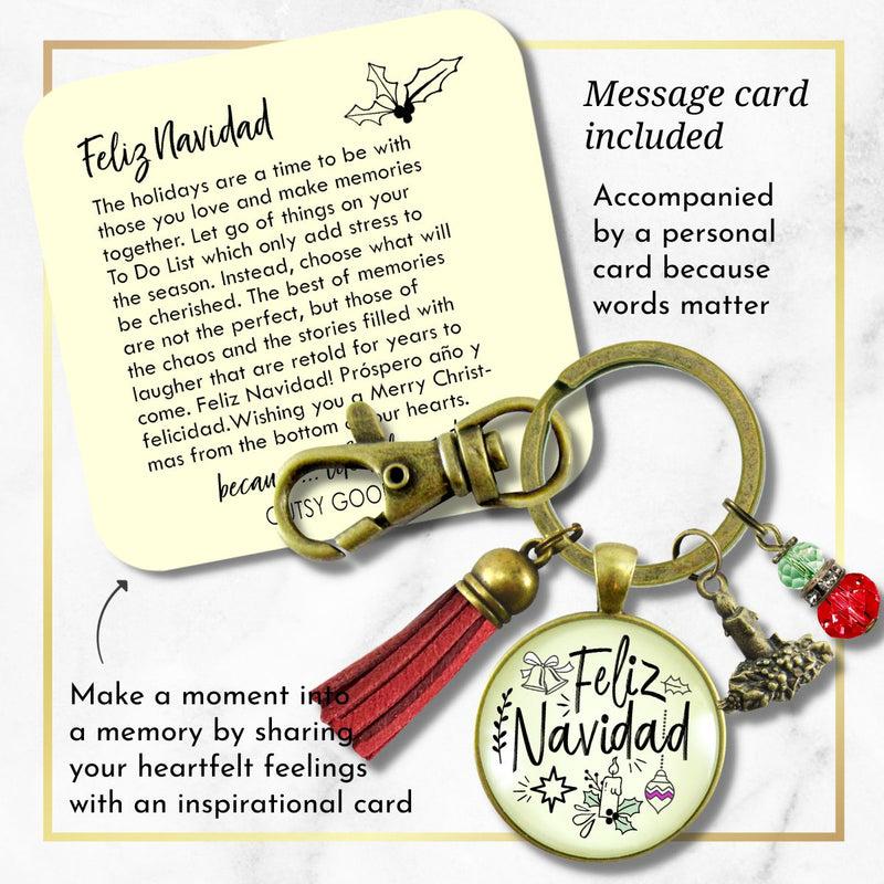 Feliz Navidad Keychain Merry Christmas Gift Jewelry For Her Candle Charm Red Green Beads Holiday Pendant