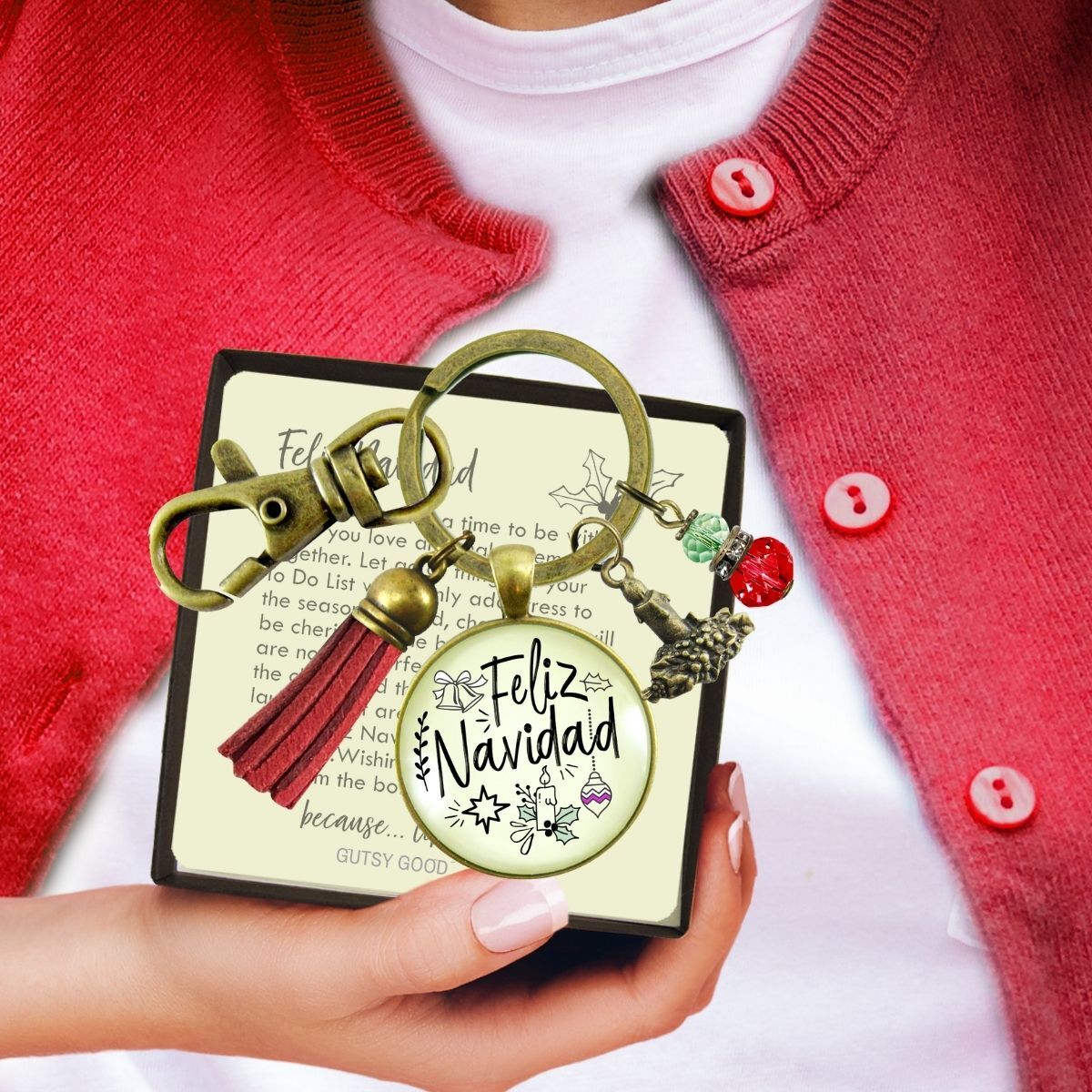 Feliz Navidad Keychain Merry Christmas Gift Jewelry For Her Candle Charm Red Green Beads Holiday Pendant