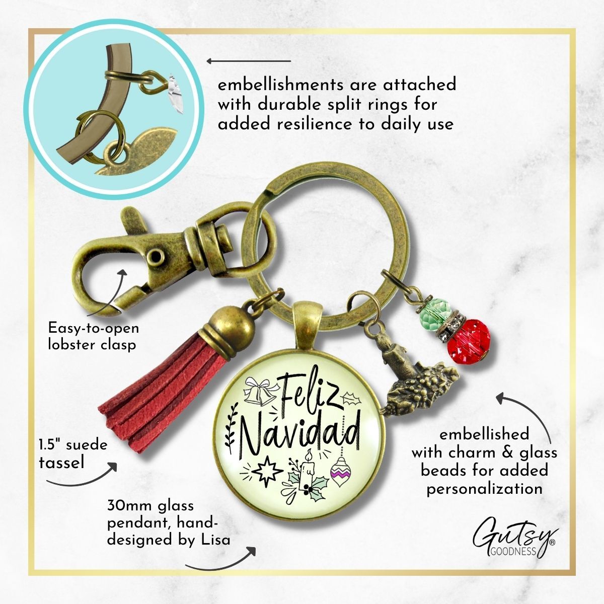 Feliz Navidad Keychain Merry Christmas Gift Jewelry For Her Candle Charm Red Green Beads Holiday Pendant