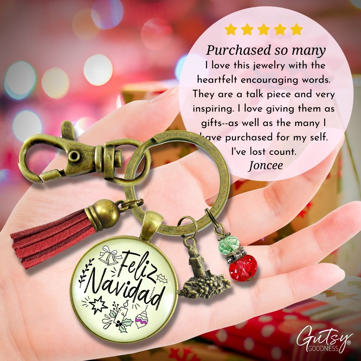 Feliz Navidad Keychain Merry Christmas Gift Jewelry For Her Candle Charm Red Green Beads Holiday Pendant