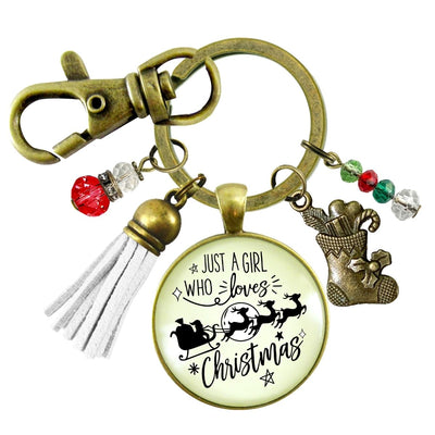 Christmas Reindeer Keychain Just a Girl Who Loves Christmas Pendant Stocking Charm Handmade Tassel Key Chain Pendant   - Gutsy Goodness Handmade Jewelry