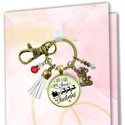 Christmas Reindeer Keychain Just a Girl Who Loves Christmas Pendant Stocking Charm Handmade Tassel Key Chain Pendant
