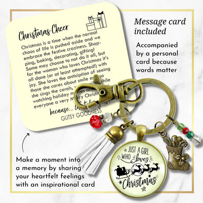 Christmas Reindeer Keychain Just a Girl Who Loves Christmas Pendant Stocking Charm Handmade Tassel Key Chain Pendant   - Gutsy Goodness Handmade Jewelry
