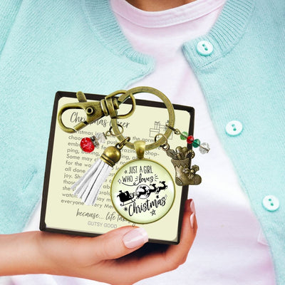 Christmas Reindeer Keychain Just a Girl Who Loves Christmas Pendant Stocking Charm Handmade Tassel Key Chain Pendant