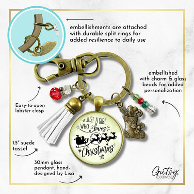 Christmas Reindeer Keychain Just a Girl Who Loves Christmas Pendant Stocking Charm Handmade Tassel Key Chain Pendant   - Gutsy Goodness Handmade Jewelry