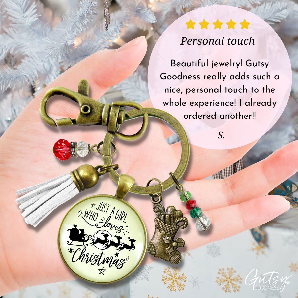 Christmas Reindeer Keychain Just a Girl Who Loves Christmas Pendant Stocking Charm Handmade Tassel Key Chain Pendant   - Gutsy Goodness Handmade Jewelry