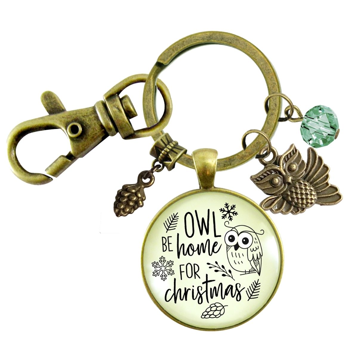 Christmas Charm Keychain Owl Be Home Holiday Pine Cone Charm Handmade Pendant Green Bead Winter Jewelry Gift   - Gutsy Goodness Handmade Jewelry