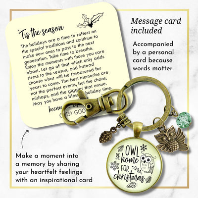 Christmas Charm Keychain Owl Be Home Holiday Pine Cone Charm Handmade Pendant Green Bead Winter Jewelry Gift   - Gutsy Goodness Handmade Jewelry