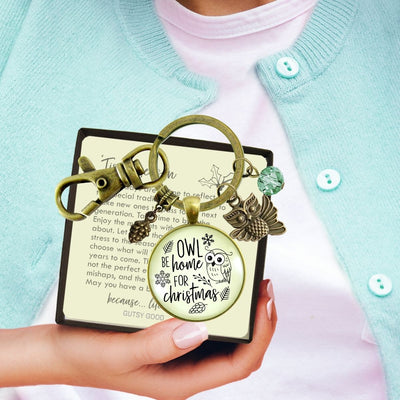 Christmas Charm Keychain Owl Be Home Holiday Pine Cone Charm Handmade Pendant Green Bead Winter Jewelry Gift   - Gutsy Goodness Handmade Jewelry