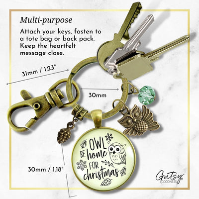 Christmas Charm Keychain Owl Be Home Holiday Pine Cone Charm Handmade Pendant Green Bead Winter Jewelry Gift   - Gutsy Goodness Handmade Jewelry