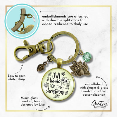 Christmas Charm Keychain Owl Be Home Holiday Pine Cone Charm Handmade Pendant Green Bead Winter Jewelry Gift   - Gutsy Goodness Handmade Jewelry