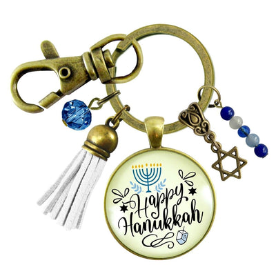 Happy Hanukkah Keychain Handmade Festive Holiday Jewelry Gift For Women Blue Bead Star of David Charm