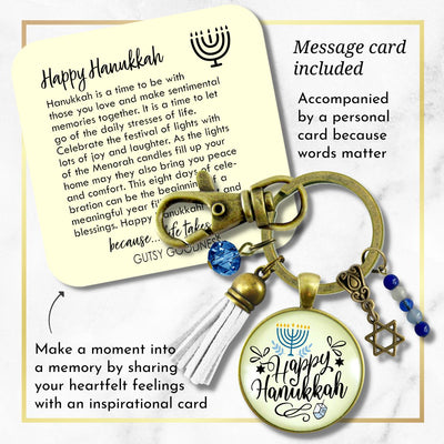 Happy Hanukkah Keychain Handmade Festive Holiday Jewelry Gift For Women Blue Bead Star of David Charm
