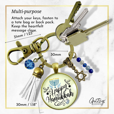 Happy Hanukkah Keychain Handmade Festive Holiday Jewelry Gift For Women Blue Bead Star of David Charm