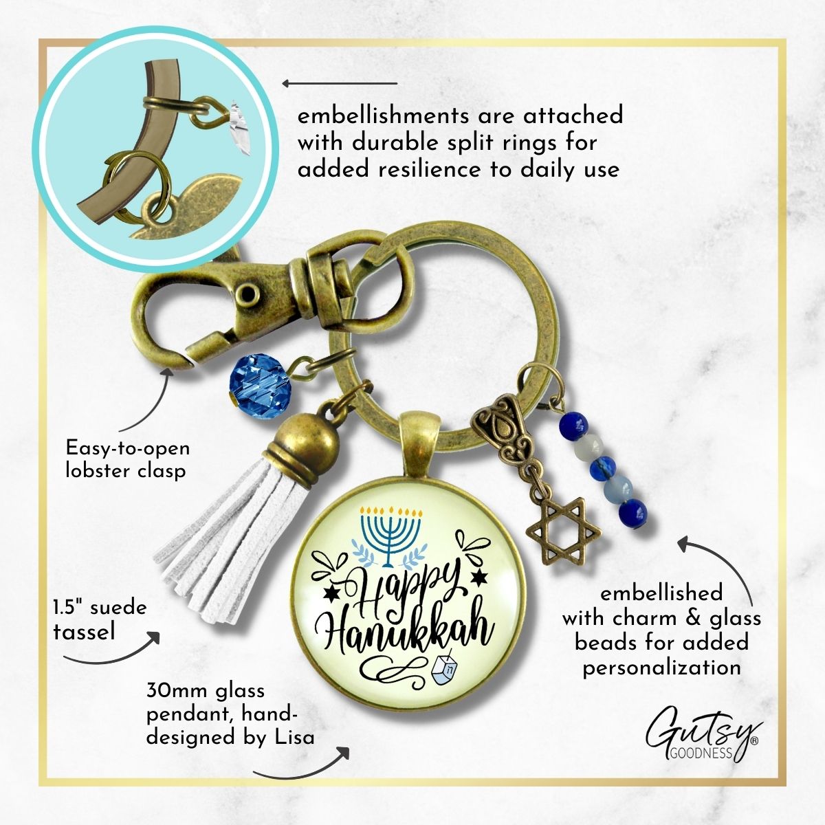 Happy Hanukkah Keychain Handmade Festive Holiday Jewelry Gift For Women Blue Bead Star of David Charm  Keychain - Women - Gutsy Goodness Handmade Jewelry