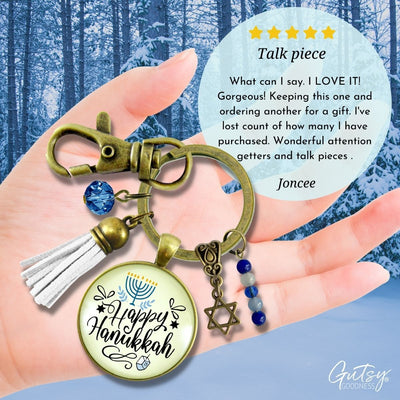 Happy Hanukkah Keychain Handmade Festive Holiday Jewelry Gift For Women Blue Bead Star of David Charm