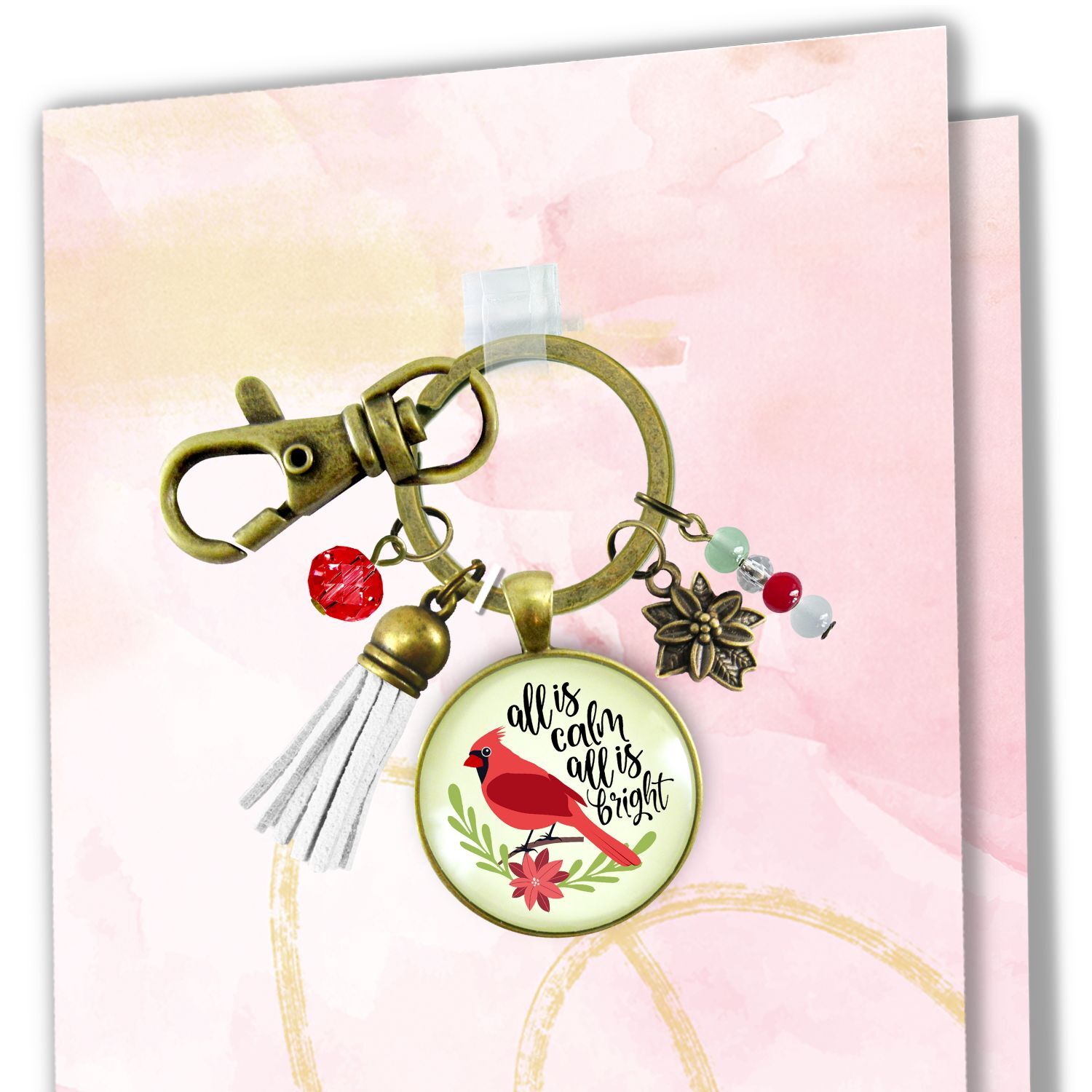 Cardinal Keychain All Is Calm Red Bird Holiday Christmas Jewelry For Women Festive  Charm Beads