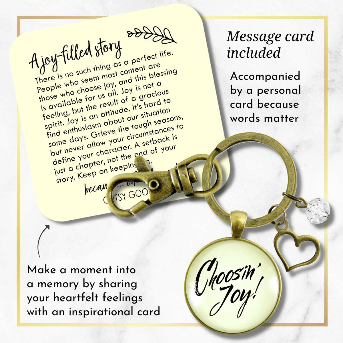 Choosing Joy Keychain Positive Life Attitude Good Vibe Mantra Jewelry Heart Charm - Gutsy Goodness